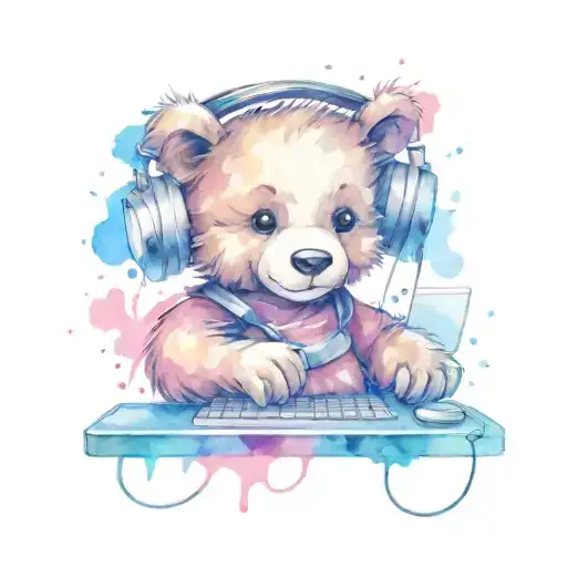 Teddy Bear Playing On A Desktop Computer With Headset