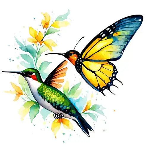 Yellow Butterfly And A Humming Bird Flying