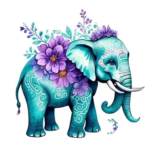 Day Of The Dead Elephant Teal And Purple With Flowers Around It