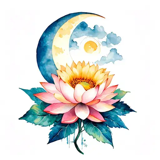 Lotus Flower With Sunflower And Moon