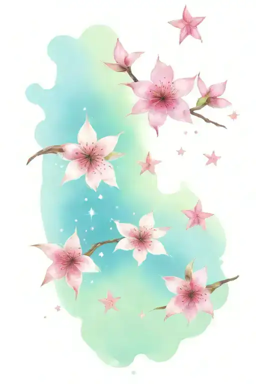 Add Space Theme Stars Around The Cherry Blossom Flowers And Two Shooting Stars In The Background