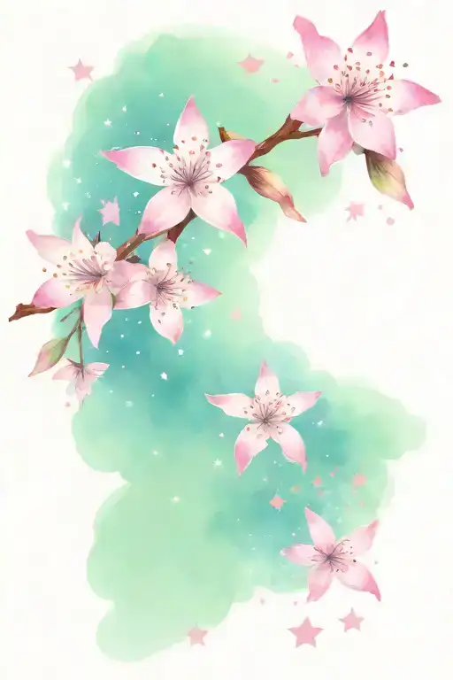 Add Space Theme Stars Around The Cherry Blossom Flowers And Two Shooting Stars In The Background