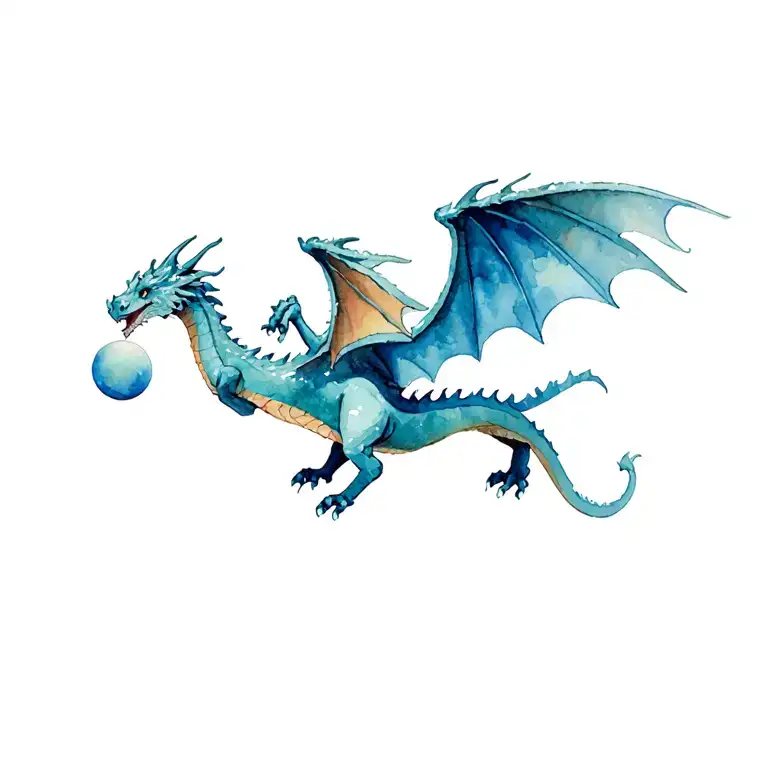Winged Dragon With 4 Legs In Flight With One Front Leg Reach Out To Grasp A Ball