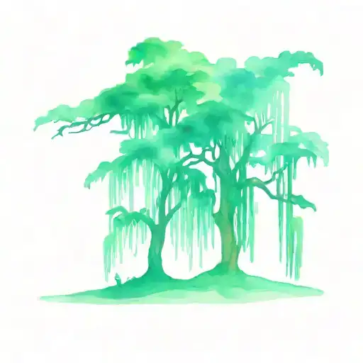 Willow Tree With A Cedar Tree Silhouette