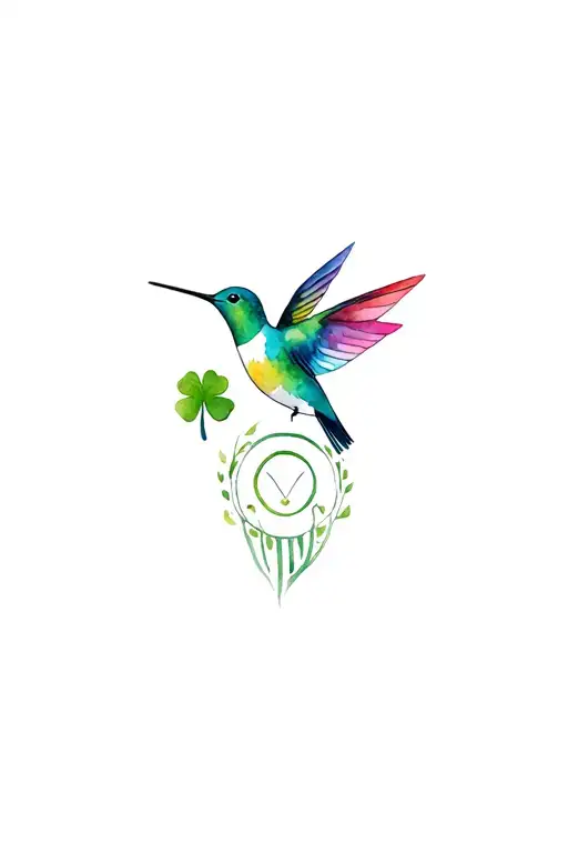 A Colorful Design Combining An Unalome Symbol With A Shamrock And A Hummingbird