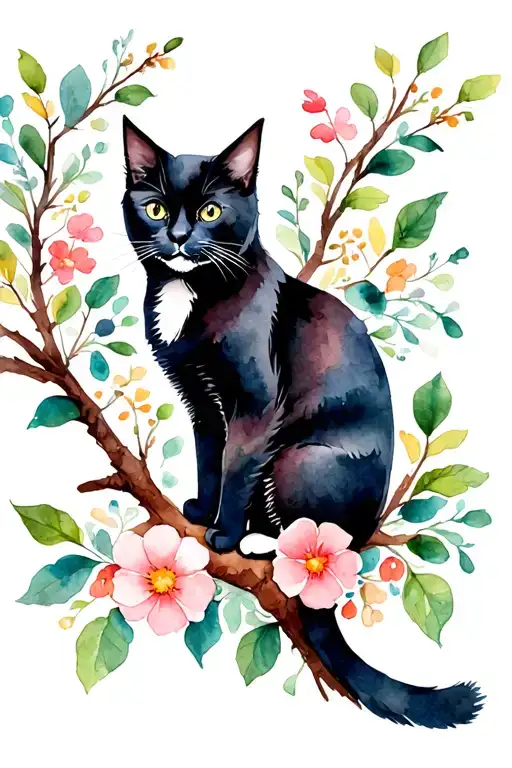 Black Cat With White Paws On Branch With Flowers