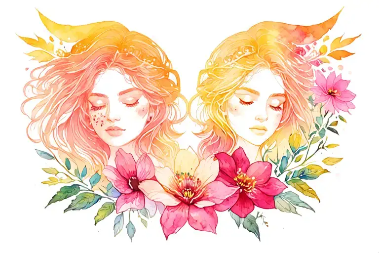 Gemini Sign With A Female Protector & Beautiful Flower Design