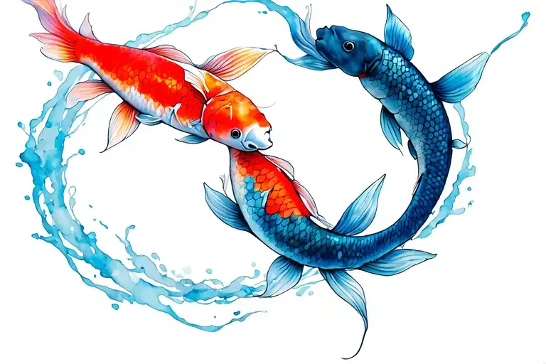Embracing Lovers And Two Koi Fish Circling Around Each Other Tattoo Design