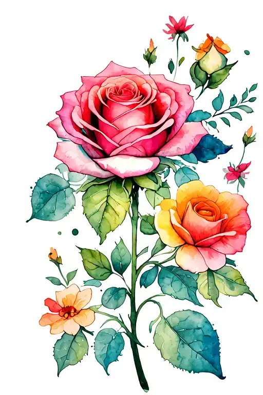 Big Rose In The Middle And Smaller Different Flowers Around It