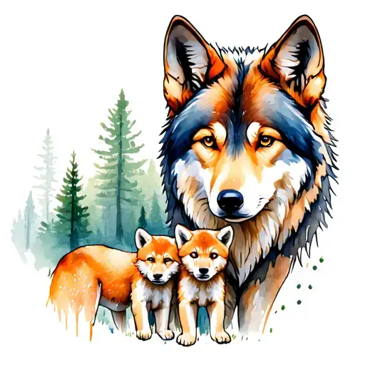 Wolf With 3 Cubs With Forest Landscape