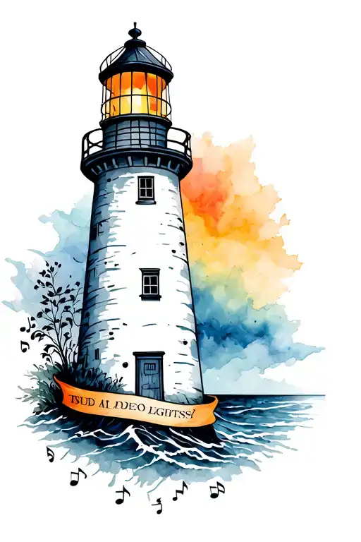 Lighthouse With Music Notes And Banner Wrapped