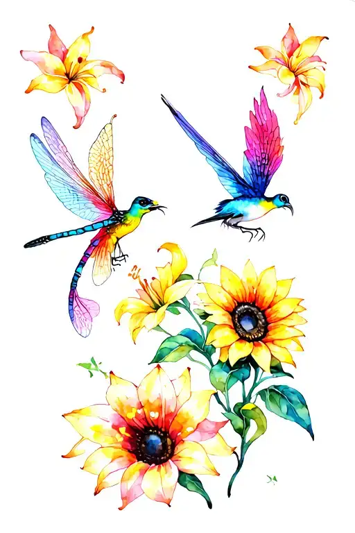 Dragonfly And Phoenix With Stargazer Lillies And Sunflowers Wrapped