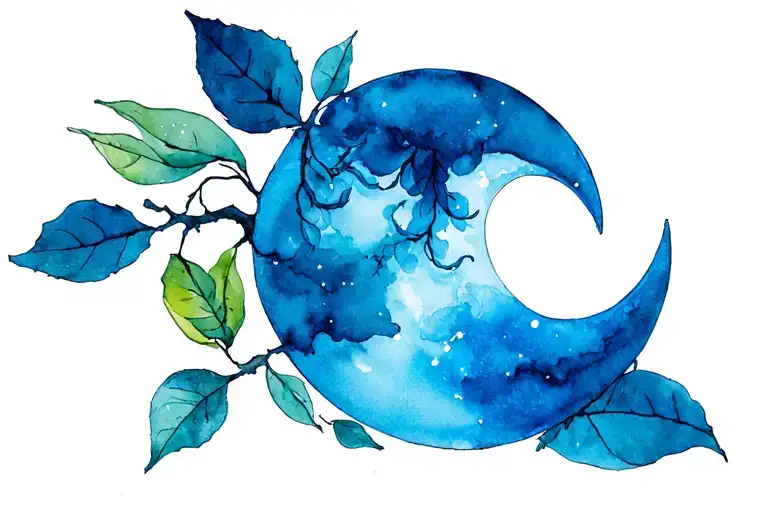 Blue Crescent Moon And A Lemon Tree Branch