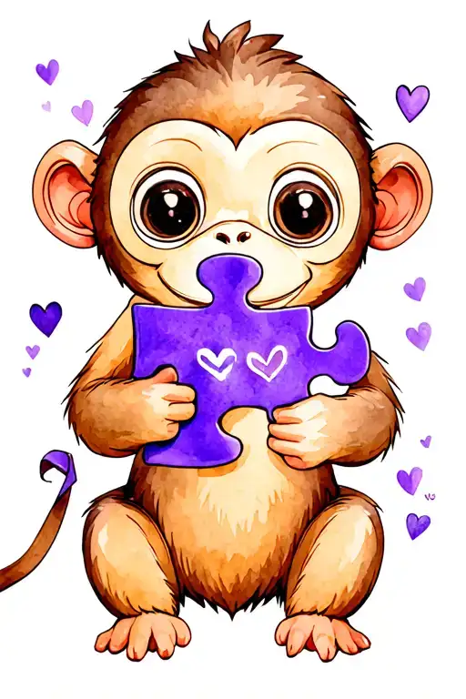Monkey With Gray Cancer Ribbon And Purple Hearts Holding A Autism Puzzle Piece
