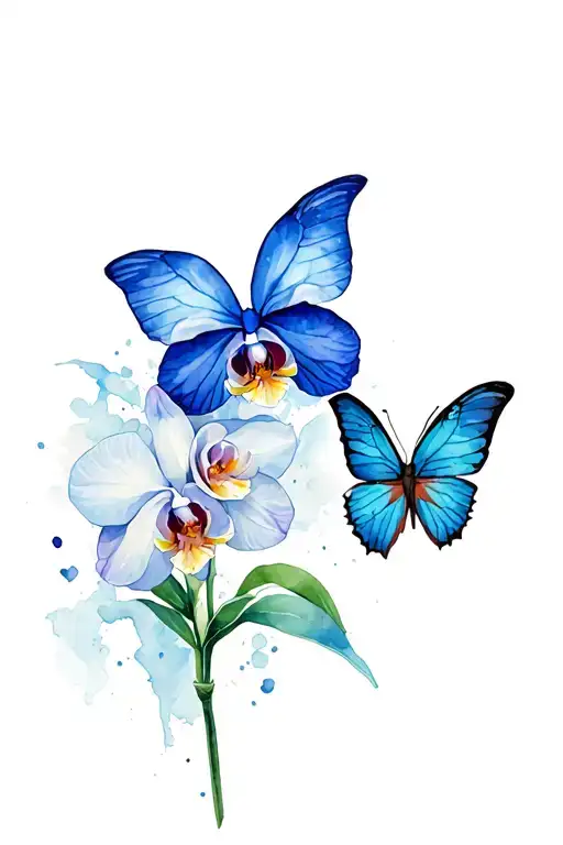 Orchid Flower Tattoo With Blue Butterfly Surrounded