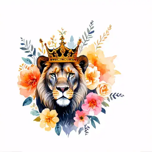 Scarred Lioness Wearing A Crown Surrounded By Bold Flowers
