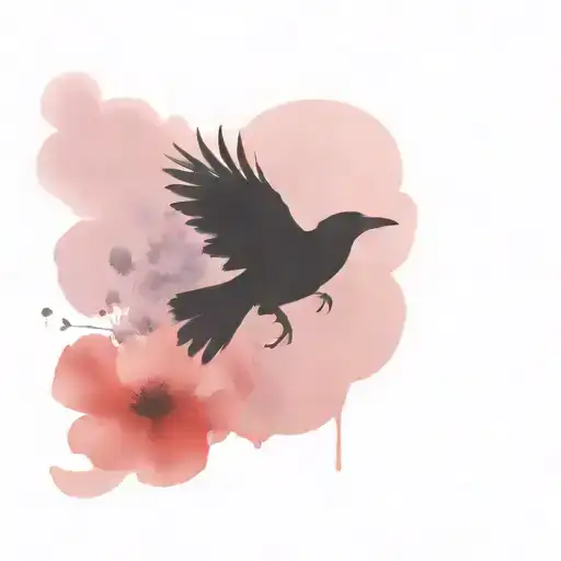 Raven Flying With Poppies And Lotus Flower Blooming