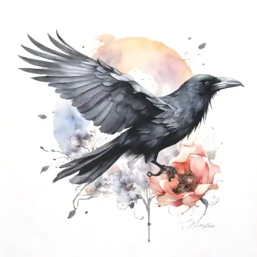 Raven Flying With Poppies And Lotus Flower Blooming