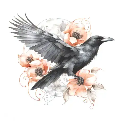 Femanin Raven Flying With Poppies And Lotus Flower Blooming