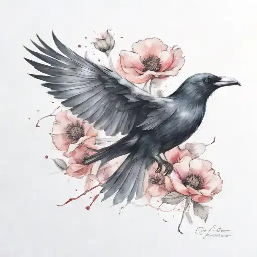 Soft Raven Flying With Poppies And Lotus Flower Blooming