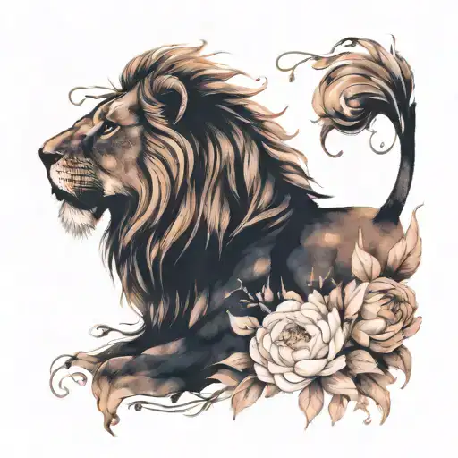 Lion Head With Vine Leaves And Peony Flowers