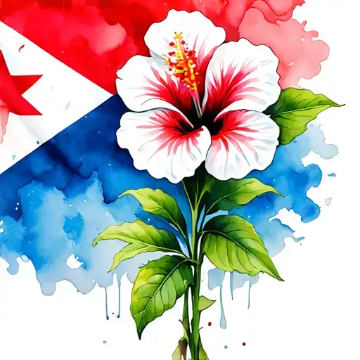 Puerto Rico Flag With Hibiscus Flower Blooming
