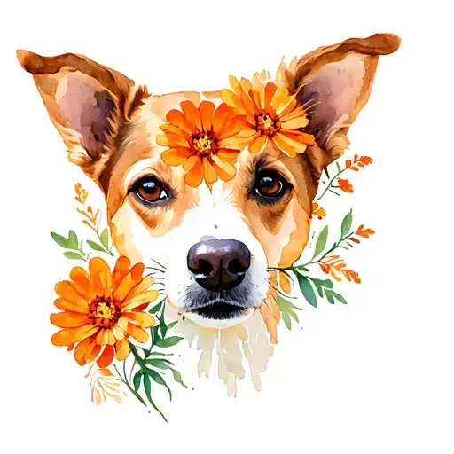 Dog Nose With Orange Marigold Flowers