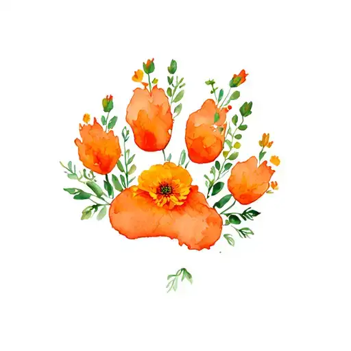 Dog Paw With Orange Marigold Flowers