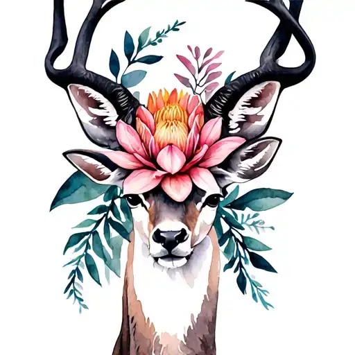 Kudu With Protea Flower Intertwined Vines