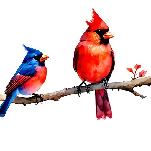 2 Cardinal Bird And Blue Bird Perched