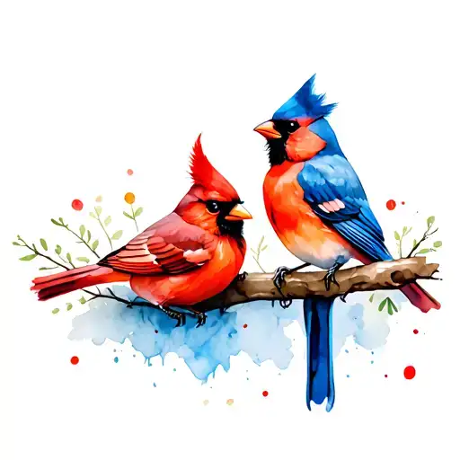 2 Cardinal Bird And Blue Bird Sitting