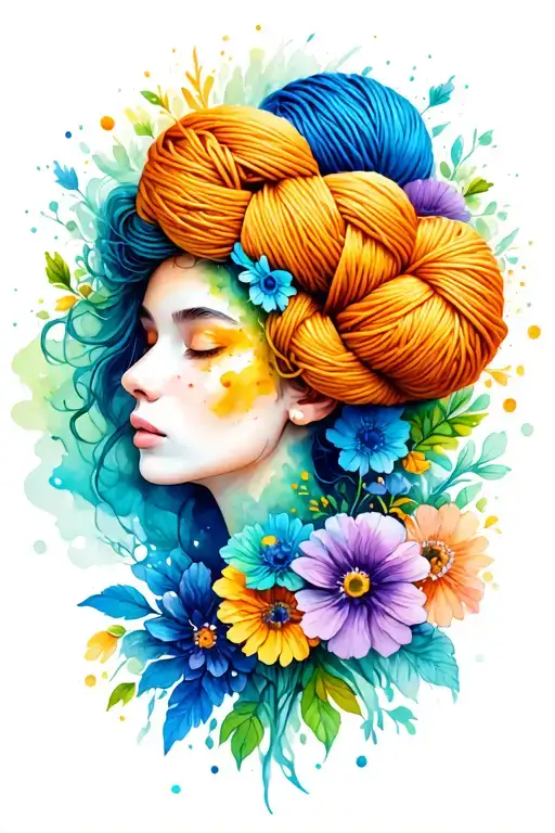 Female Face With Yarn Exploding From Top Of Head Surrounded By Flowers Prominently Blue And Green