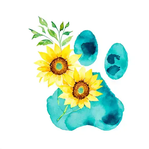 Gorgeous Yellow Sunflowers With Teal Watercolor And Ink Paw Print