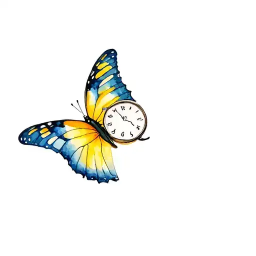 Yellow And Blue Butterfly Holding A Clock