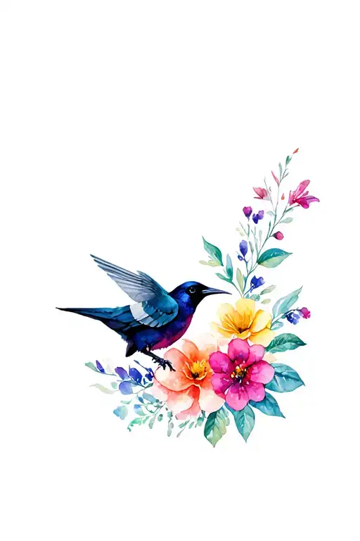 Flowers And Raven And Humming Bird