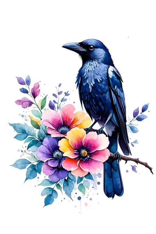 Flowers And Raven Perched