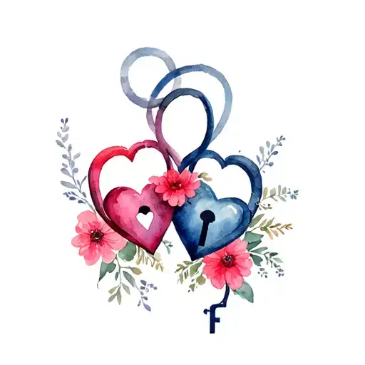 Two Hearts With Infinity Sign With Lock And Key Intertwined With Flowers