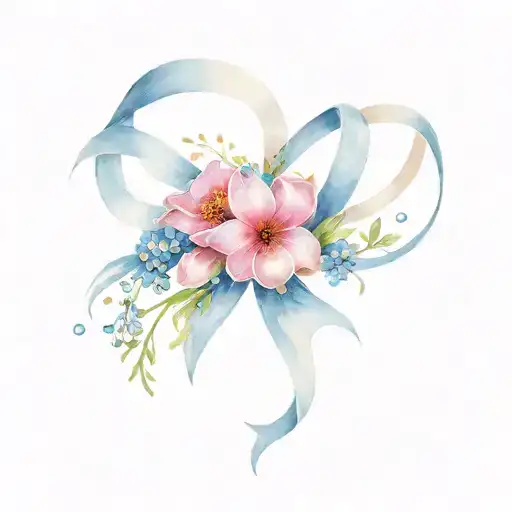 Tattoo With White Cancer Ribbon And Flowers