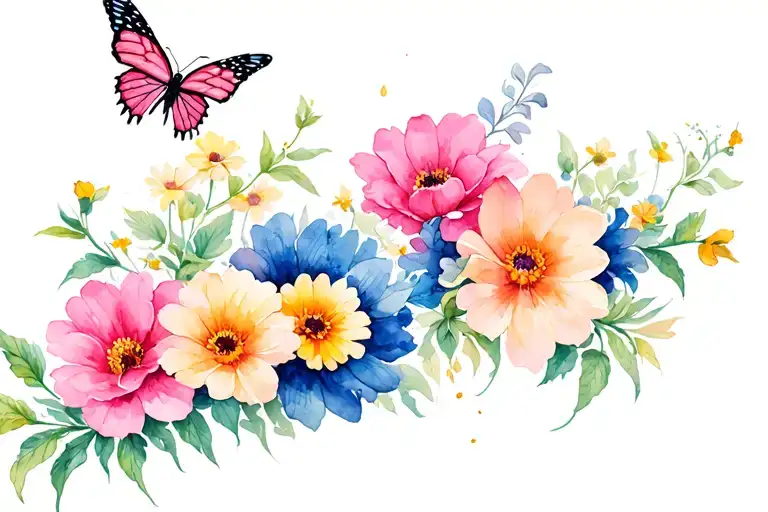 A Lot Of Fowers With A Butterfly Flying