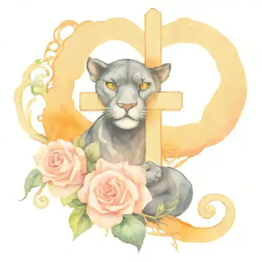 Black Panther Protecting A Cross With Light Pink Rose Vine Wrapped Around The Cross