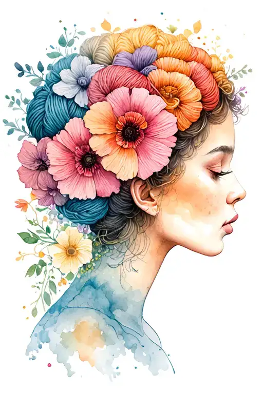 Woman Face Side Profile With Yarn Exploding Out Of Top Of Head Surrounded By Flowers