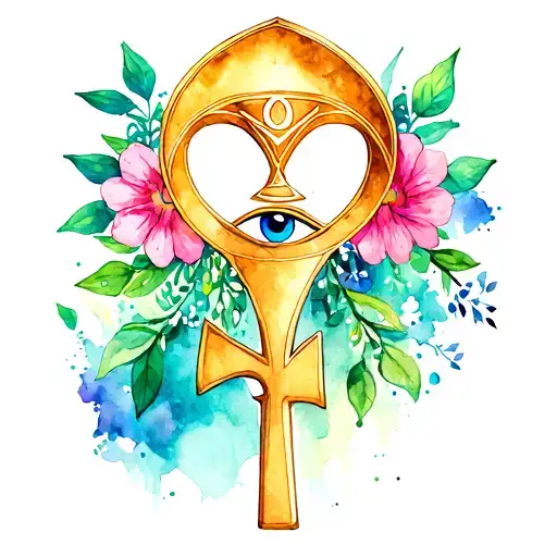 Ankh With Eye Of Horus And Ra With Flowers