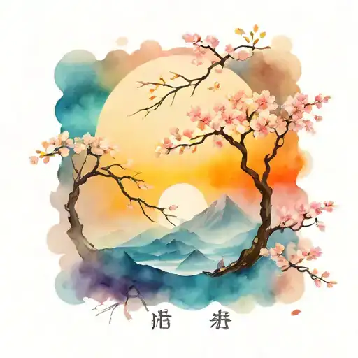 Universe In Japanese Kanji With Cherry Blossom Tree In Background