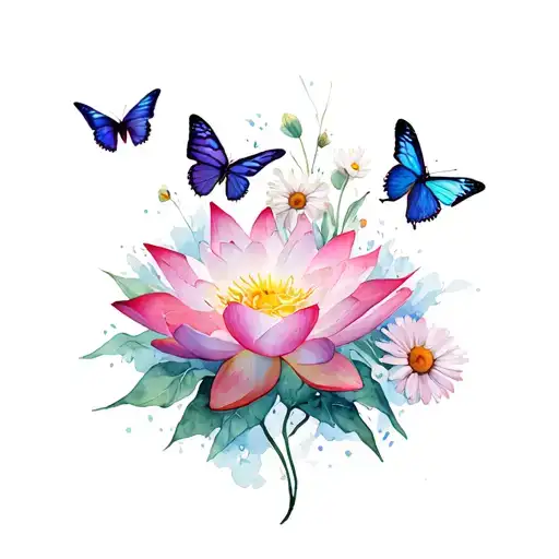 Lotus Flower Butterflies And Daisies