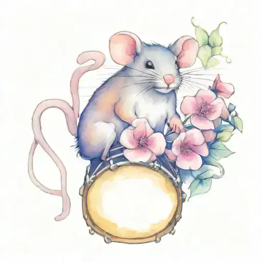 Mouse Holding Purple Japanese Camellia Flower Sitting On Drum Kit