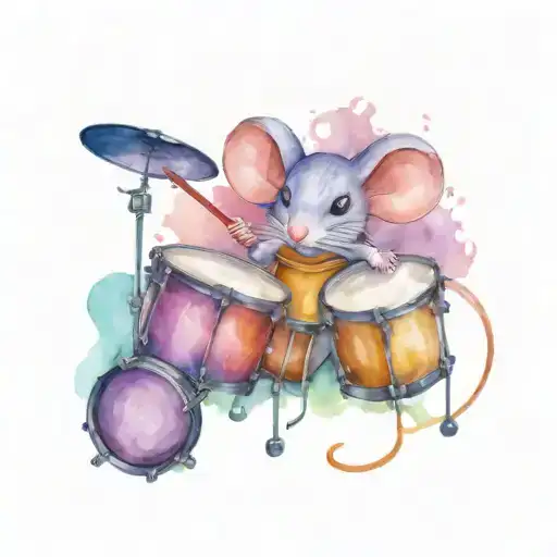 Mouse Holding Purple Camilla Flower Sitting On Top Of Drum Kit