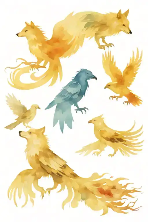 Wolf Phoenix Raven And Griffin Depicted A Composition