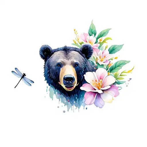 Grizzly Bear With Gardenias And Dragonfly