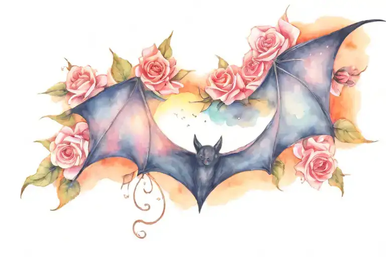 Bat Hanging Wth Moon Phases And Pink Roses Intertwined