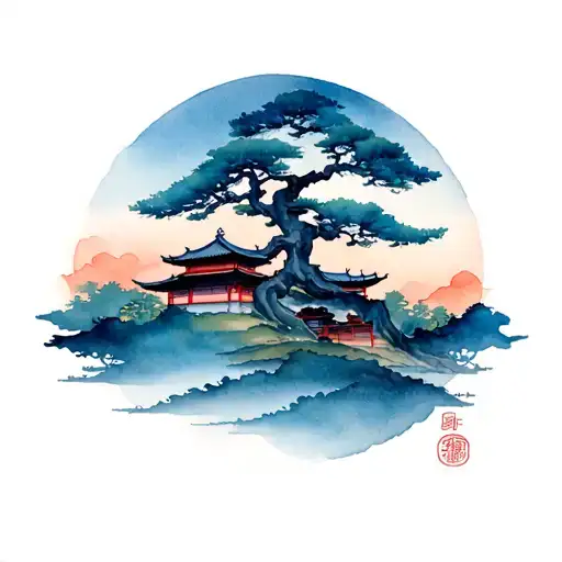 Korean Traditional Style Tattoo Featuring Sonamoo Tree And Hanok